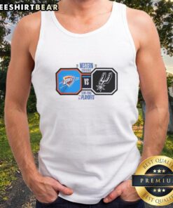 Alt Text: Oklahoma City Thunder vs San Antonio Spurs 2026 NBA Playoffs tank top featuring vibrant team colors and logos.