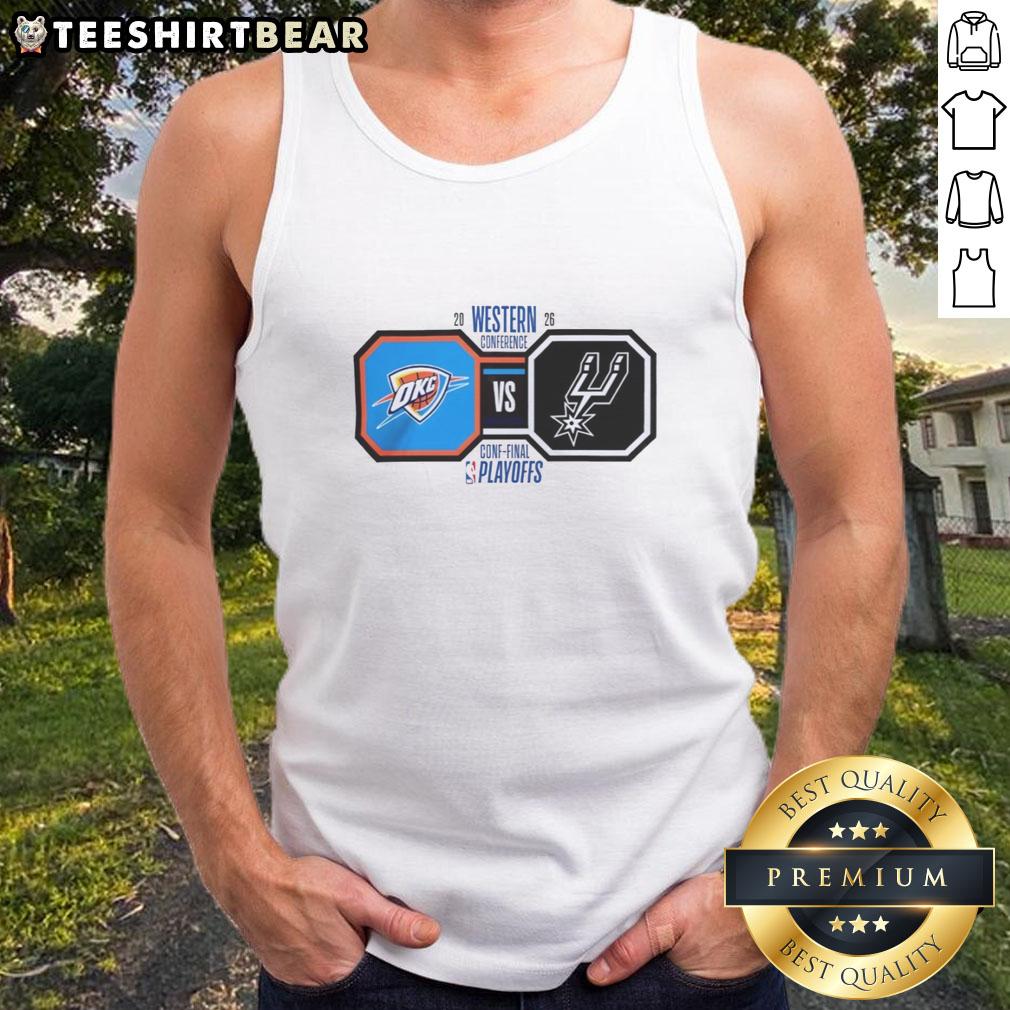 Alt Text: Oklahoma City Thunder vs San Antonio Spurs 2026 NBA Playoffs tank top featuring vibrant team colors and logos.