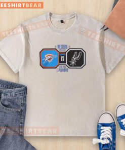 Oklahoma City Thunder vs San Antonio Spurs 2026 NBA Playoffs washed t-shirt featuring team logos and playoff graphics.