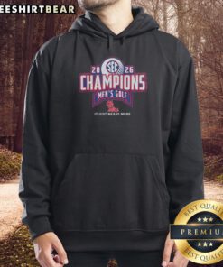 Ole Miss Rebels 2026 SEC Men's Golf Champions hoodie in locker room, celebrating victory with 'It Just Means More' slogan.