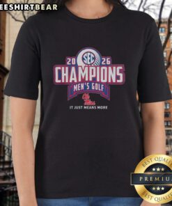 Alt Text: Top Ole Miss Rebels 2026 SEC Men's Golf Champions celebrate in locker room with 'It Just Means More' sign.