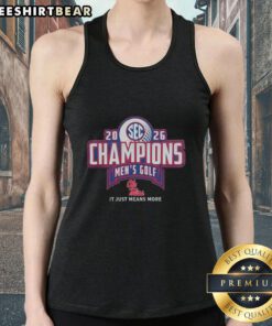 Alt Text: Top Ole Miss Rebels 2026 SEC Men's Golf Champions tank top in locker room, celebrating victory and team spirit.