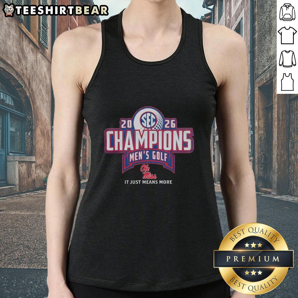 Alt Text: Top Ole Miss Rebels 2026 SEC Men's Golf Champions tank top in locker room, celebrating victory and team spirit.