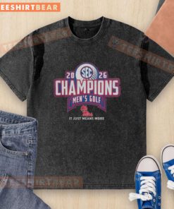 Alt Text: Top Ole Miss Rebels 2026 SEC Men's Golf Champions locker room washed t-shirt celebrating their victory and team spirit.