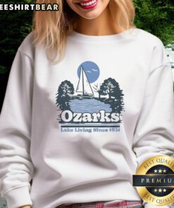 Cozy Ash sweatshirt featuring 'Top Ozarks Lake Living Since 1931' design, perfect for lake enthusiasts and comfort lovers.