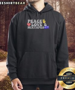 Retro hoodie featuring 'Peace, Love, and Mixtapes' design with a cassette graphic, perfect for music lovers.