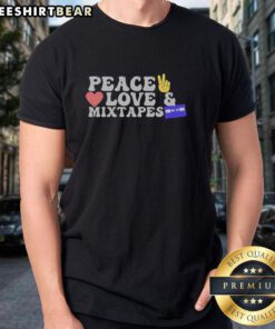 Alt Text: Retro T-shirt featuring 'Peace Love And Mixtapes' cassette design, perfect for music lovers and vintage style enthusiasts.