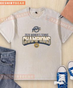 Alt Text: Quinnipiac University MAAC Women's Tennis Championship 2026 logo on a washed t-shirt design displayed on a white background.