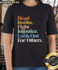 Retro ladies tee featuring top-read books that inspire action against injustice and encourage looking out for others.