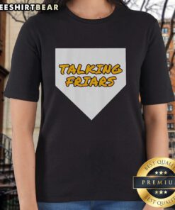 Alt Text: Top San Diego Padres baseball Talking Friars logo on a stylish ladies tee for fans and collectors.