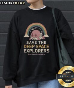 Cozy sweatshirt featuring 'Save The Deep Space Explorers' graphic, perfect for space enthusiasts and stylish casual wear.
