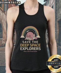 Top Save The Deep Space Explorers tank top featuring a vibrant design of space-themed graphics and bold typography.