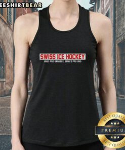 Top Swiss Ice Hockey Unus Pro Omnibus Omnes Pro Uno red text tank top displayed on a mannequin against a neutral background.