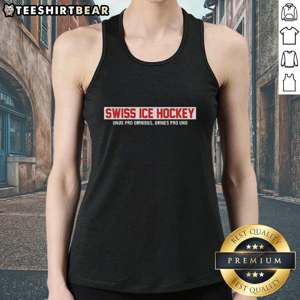 Top Swiss Ice Hockey Unus Pro Omnibus Omnes Pro Uno red text tank top displayed on a mannequin against a neutral background.