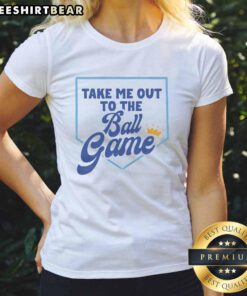 Alt Text: Ladies tee featuring a crown icon with 'Take Me Out to the Ball Game' design for baseball fans.
