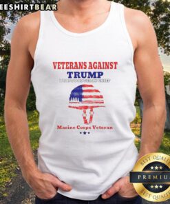 Marine Corps veteran wearing tank top at rally, highlighting top veterans against draft dodger in chief.