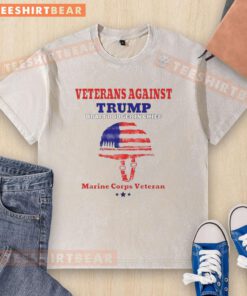 Top Veterans Against Draft Dodger In Chief wearing Marine Corps veteran washed t-shirt at protest event.