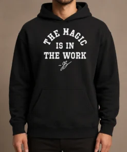 Awesome Ben Stiller Jalen Brunson The Magic Is In The Work Signature Hoodie in black with front graphic and drawstring hood