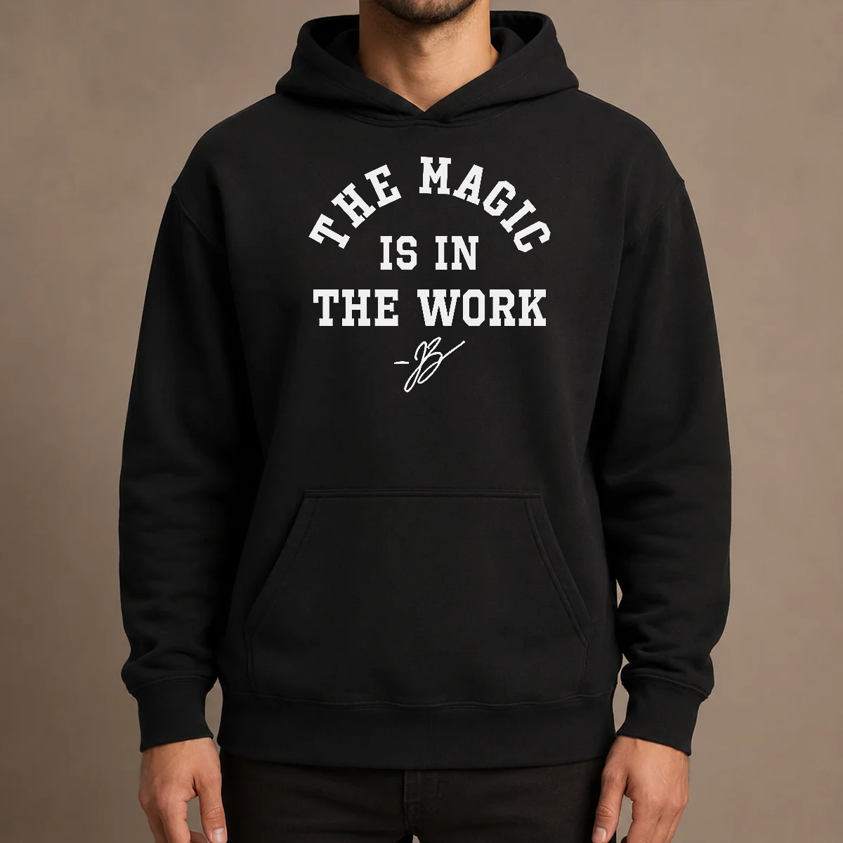 Awesome Ben Stiller Jalen Brunson The Magic Is In The Work Signature Hoodie in black with front graphic and drawstring hood