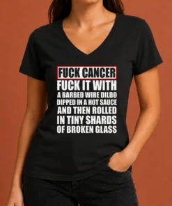 Awesome Fck Cancer Fck It With A Barbed Wire Dildo Dipped In Hot Sauce V Neck Shirt in black, front view