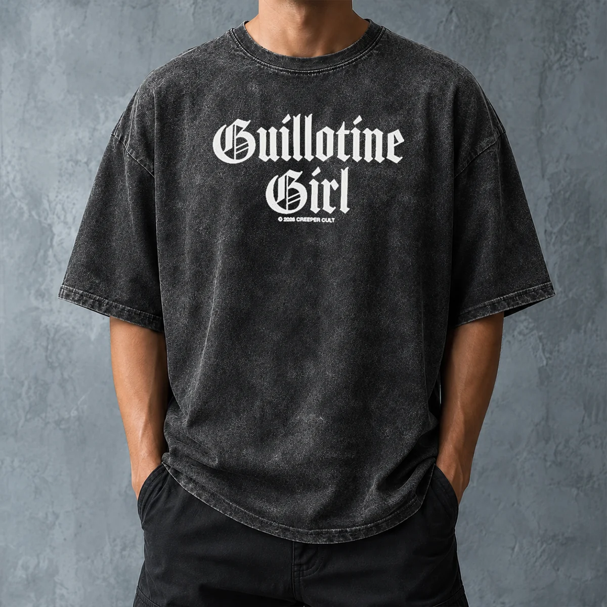 Awesome Guillotine Girl 2026 Creeper Cult Washed T Shirt featuring vintage washed cotton fabric and bold graphic print