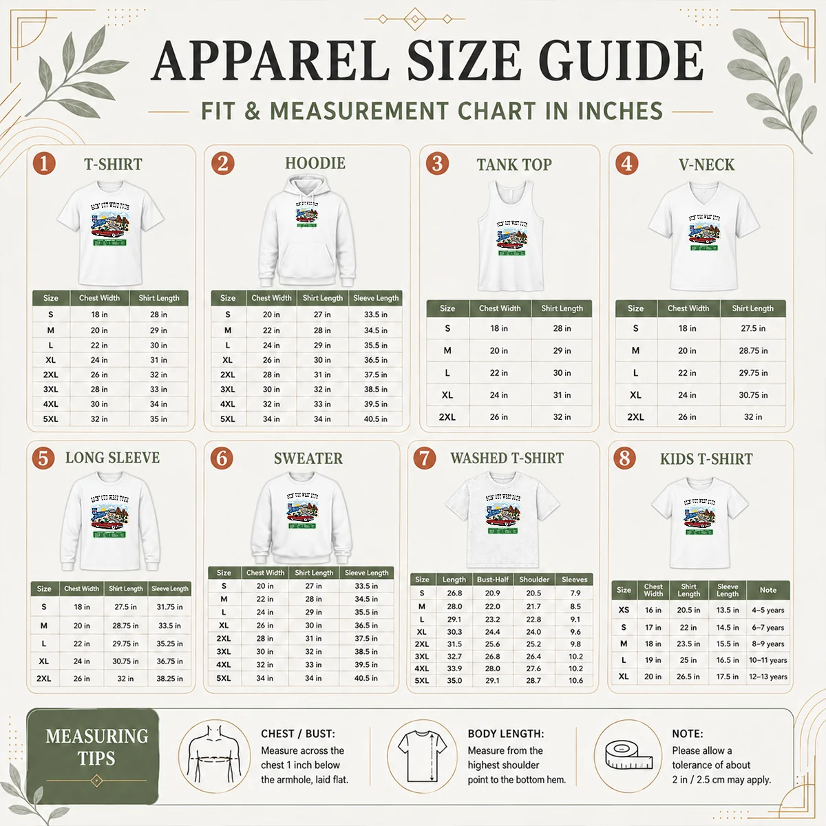 Awesome Panic Goin Out West Tour Summer 2026 Size Chart Size chart for Awesome Panic Goin Out West Tour Summer 2026 showing measurements in inches and cm