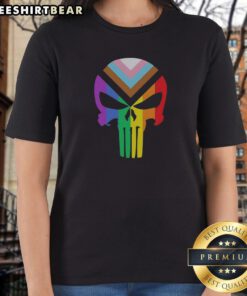 Awesome Punisher Marvel Skull Progressive Pride Ladies Shirt featuring a vibrant skull design
