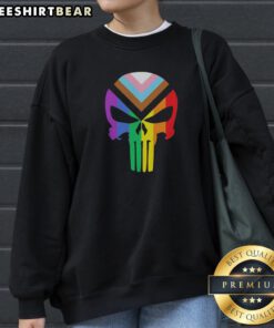 Awesome Punisher Marvel Skull Progressive Pride Sweatshirt showcasing a bold design with vibrant colors.