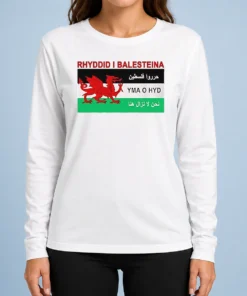 Awesome Rhyddid I Balesteina Yma O Hyd Wales Palestine Solidarity Flag long sleeve shirt in white with bold graphic print