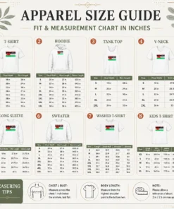 Size chart for Awesome Rhyddid I Balesteina Yma O Hyd Wales Palestine Solidarity Flag showing measurements in inches and centimeters