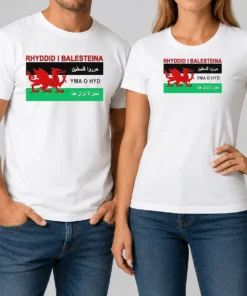 Awesome Rhyddid I Balesteina Yma O Hyd Wales Palestine Solidarity Flag t shirt in classic fit, displayed flat with bold graphic and text