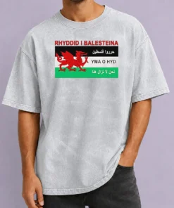 Awesome Rhyddid I Balesteina Yma O Hyd Wales Palestine Solidarity Flag printed on a soft washed t shirt