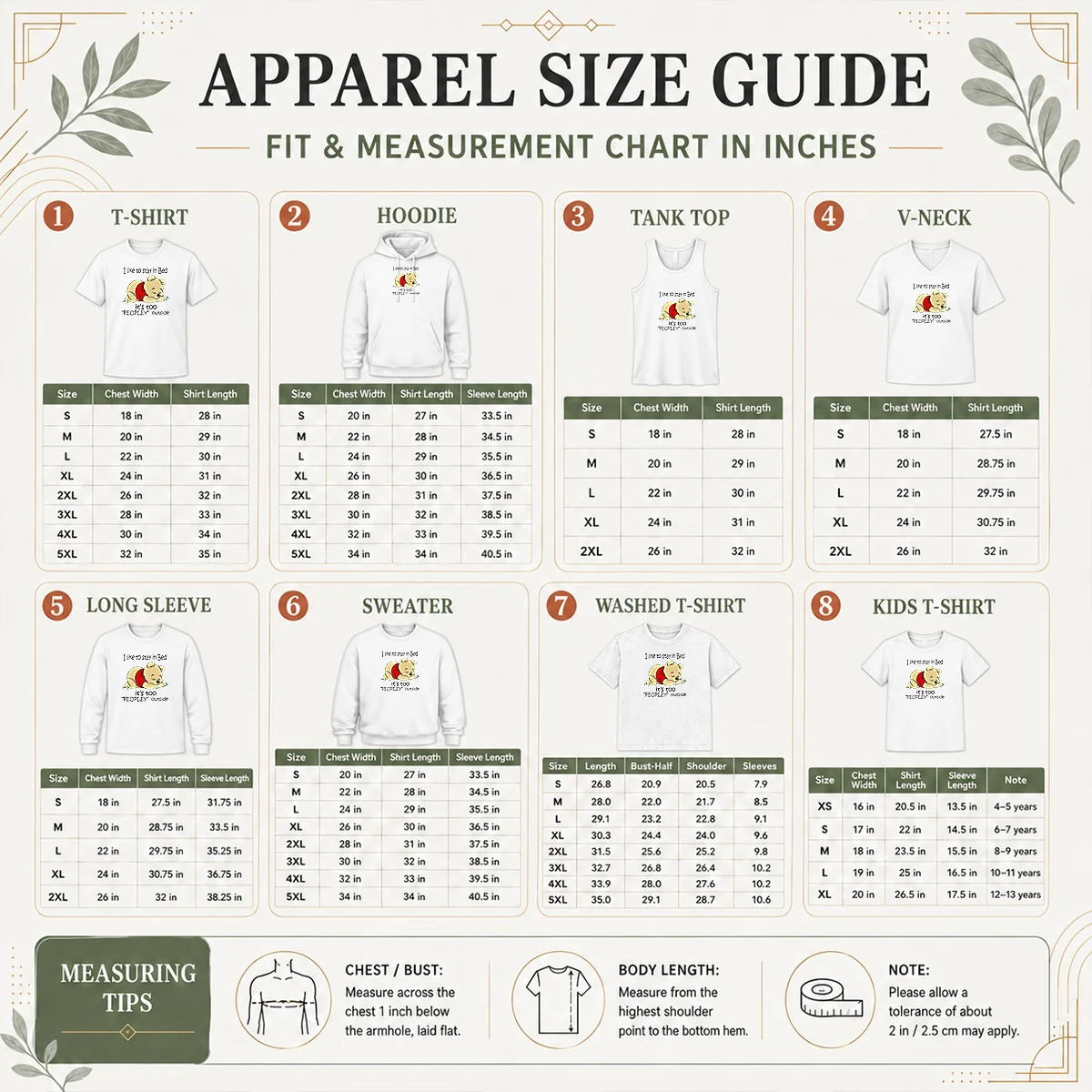 Awesome Winnie The Pooh Sleeping I Like To Stay In Bed Size Chart Size chart for Awesome Winnie The Pooh Sleeping I Like To Stay In Bed with measurements in inches and cm