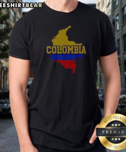 Colombia Map Flag Bold Distressed Text Fan Art Shirt featuring a vibrant distressed Colombian flag and map design on a comfortable crew neck tee