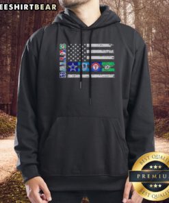 Funny Dallas Sport Teams Dallas Cowboys Mavericks Rangers Stars Flag Logos Hoodie featuring vibrant team logos.