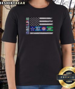 Funny Dallas Sport Teams Dallas Cowboys Mavericks Rangers Stars Flag Logos Ladies Shirt featuring vibrant team logos.