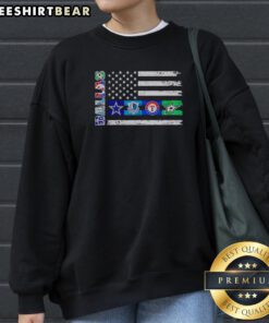 Funny Dallas Sport Teams Dallas Cowboys Mavericks Rangers Stars Flag Logos Sweatshirt featuring vibrant team logos.