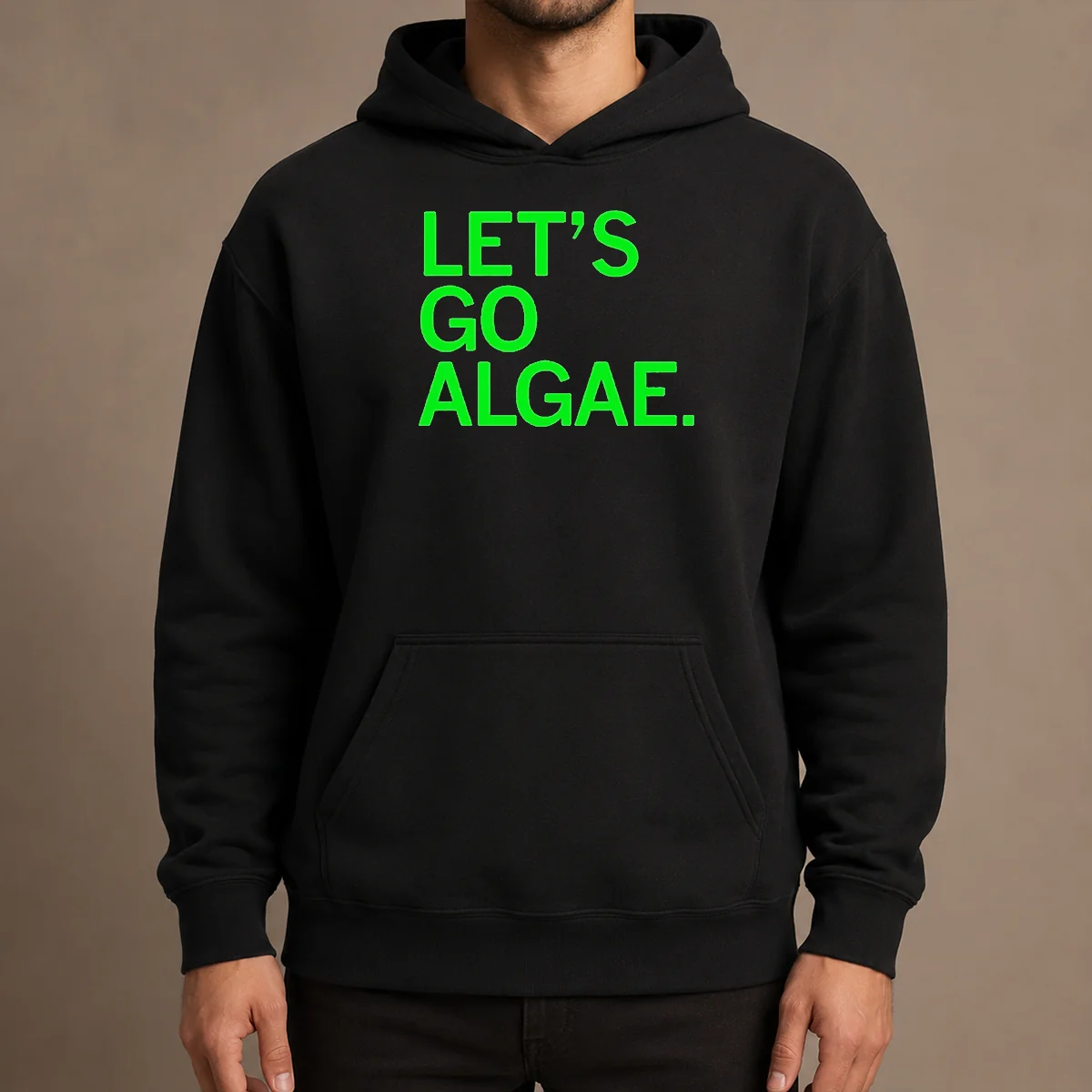 Funny Let'S Go Algae Hoodie in dark green with playful algae graphic and cozy fit