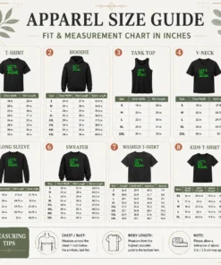Size chart for Funny Let'S Go Algae tee with measurements in inches and cm