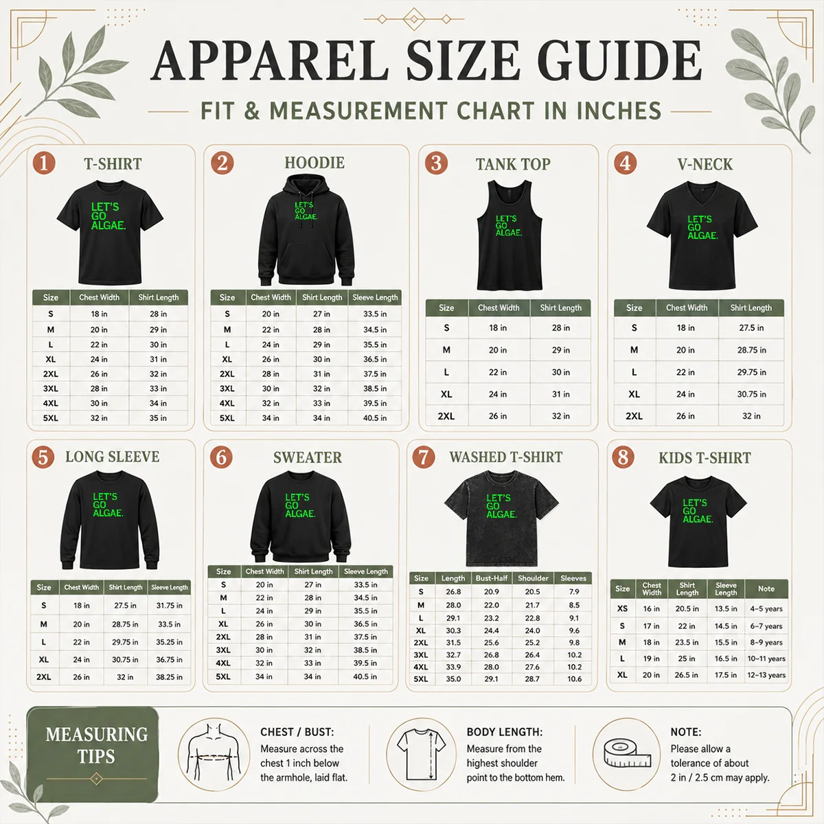 Funny Let'S Go Algae Size Chart Size chart for Funny Let'S Go Algae tee with measurements in inches and cm