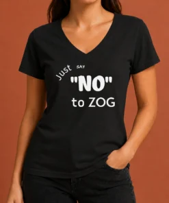 Funny Randy Weaver Just Say No To Zog V Neck Shirt in black with bold white text design