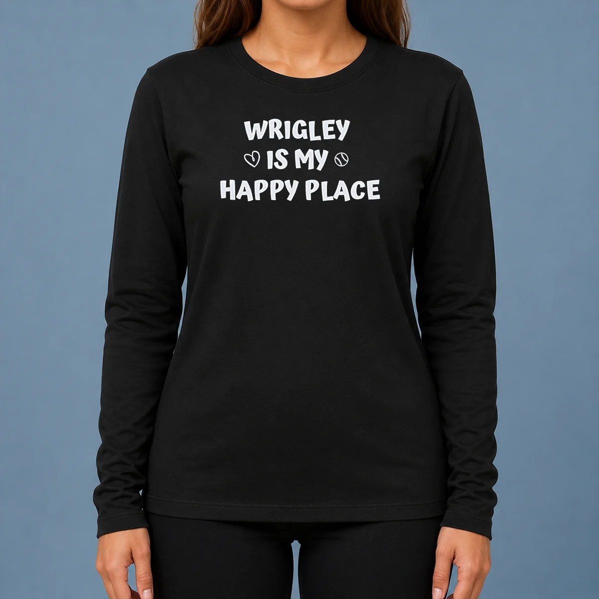 Funny Wrigley Is My Happy Place Chicago Cubs Long Sleeve Shirt
