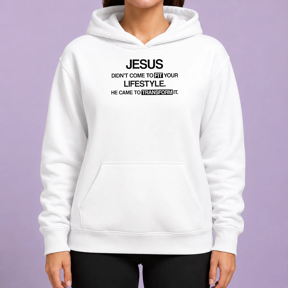 Good Jesus Didn'T Come To Fit Your Lifestyle He Came To Transform It hoodie in charcoal gray with front pocket and drawstring hood