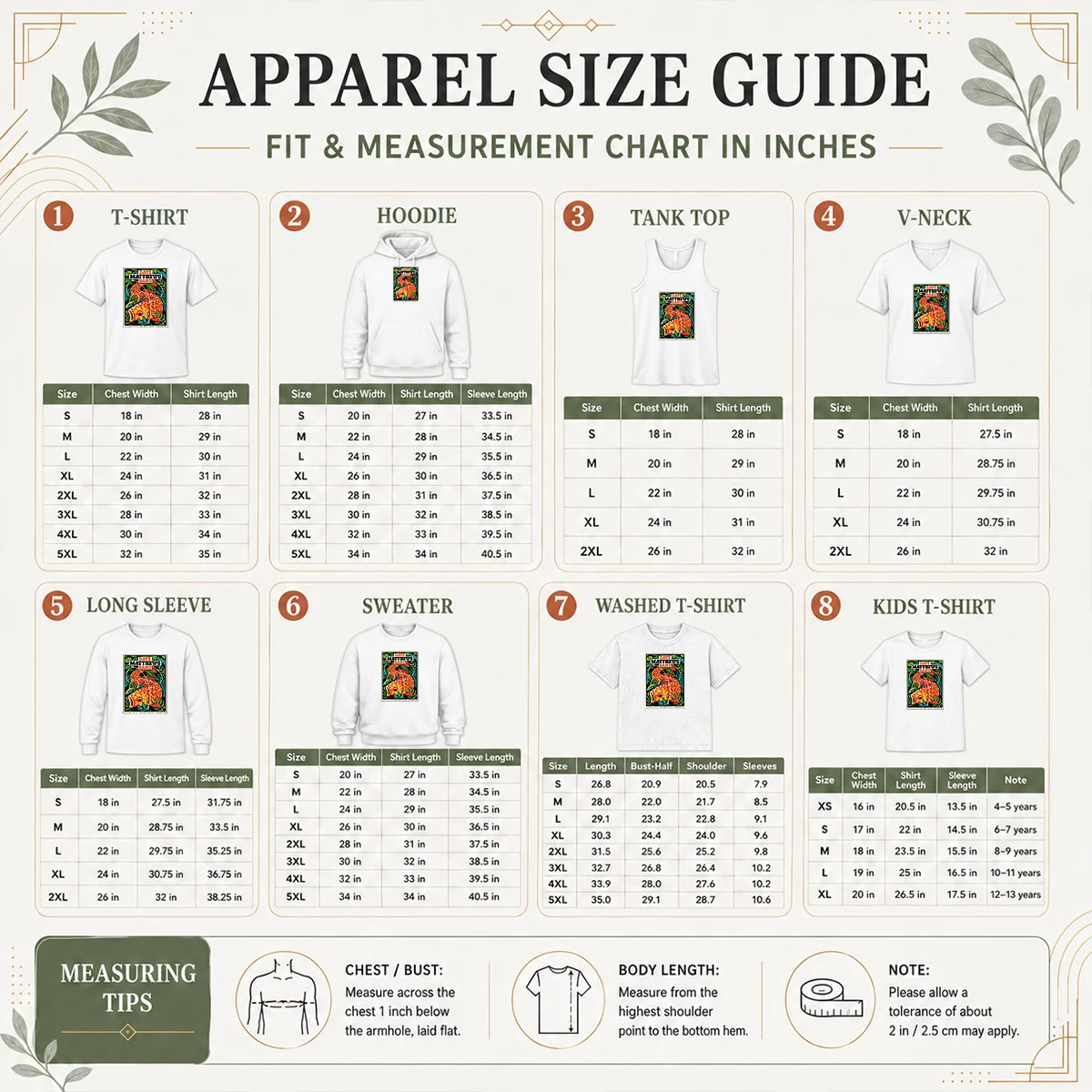 Good June 23 2026 Dave Matthews Band Event Shakopee Minnesota Size Chart Size chart for Good June 23 2026 Dave Matthews Band Event Shakopee Minnesota with measurements in inches and cm