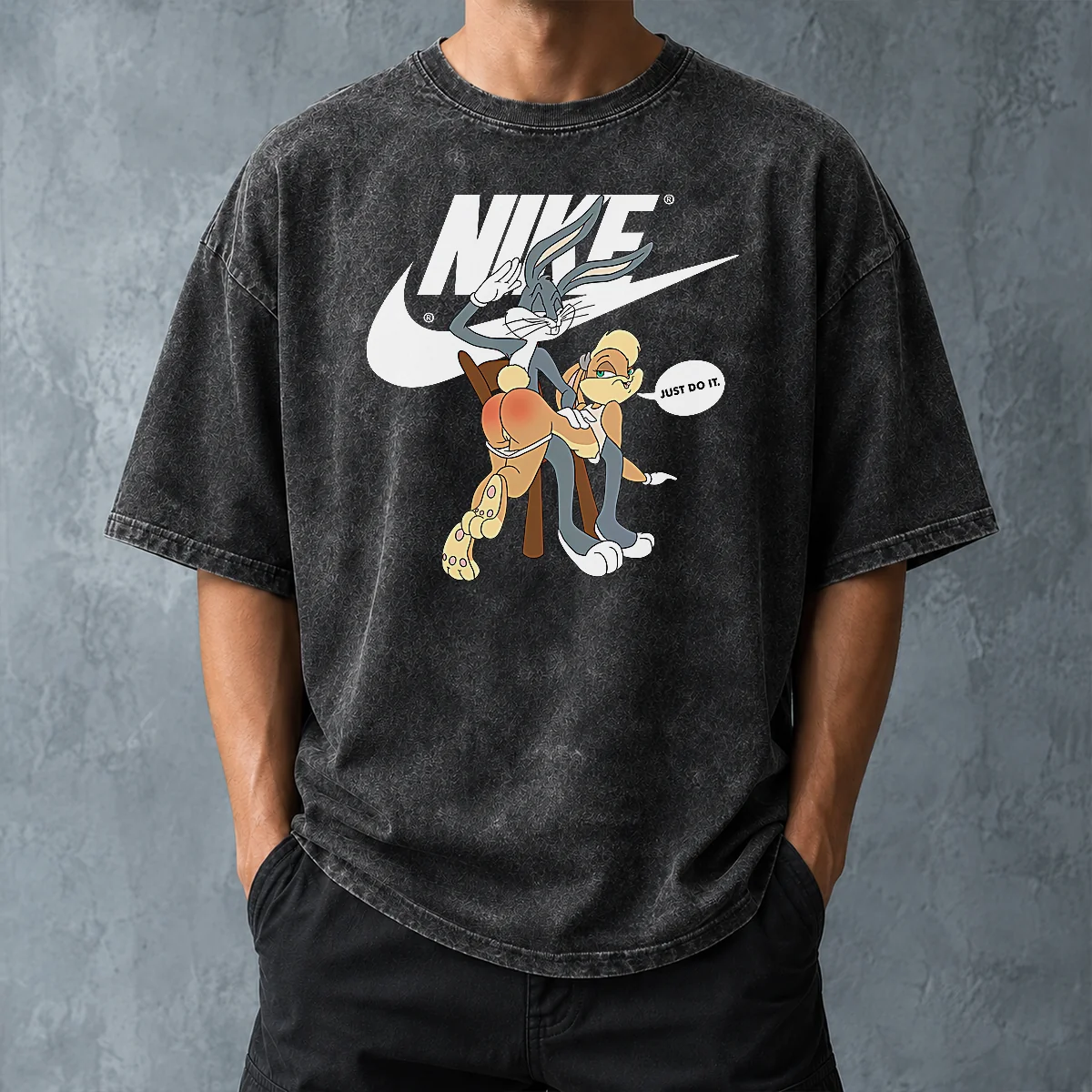 Good Nike Bugs Bunny Spanking Lola Washed T Shirt showing front graphic on soft washed cotton fabric