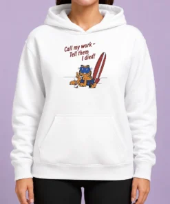 Good Orange Cat Relaxing At The Beach Call My Work Tell Them I Died Hoodie in vibrant orange with front pocket and drawstring hood