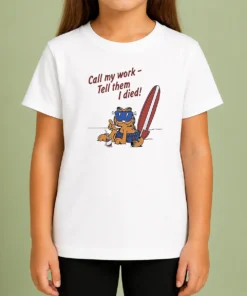Good Orange Cat Relaxing At The Beach Call My Work Tell Them I Died Kids T Shirt featuring a playful orange cat graphic on a comfortable kids tee