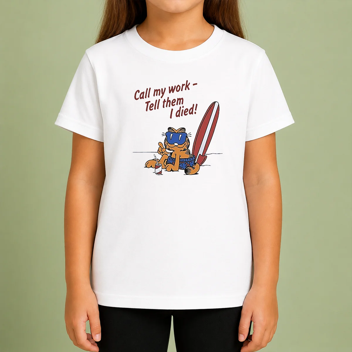 Good Orange Cat Relaxing At The Beach Call My Work Tell Them I Died Kids T Shirt featuring a playful orange cat graphic on a comfortable kids tee