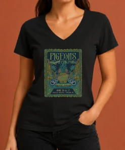 Good Pigeons Playing Ping Pong 6 26 6 27 2026 Raleigh NC Poster V Neck Shirt in black, front view