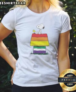 Hot Snoopy Peanuts Happy Pride Month Ladies Shirt featuring a vibrant graphic celebrating inclusivity.
